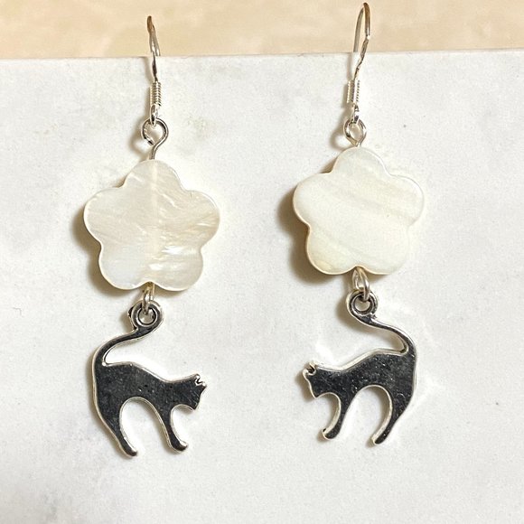 2/$20, Mother of Pearl Flower + Slim Cat Dangle Earrings - Picture 1 of 8
